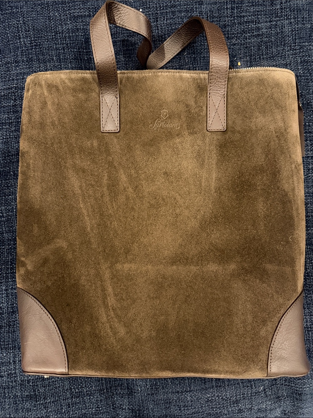 Suede Brown Laptop Tote with Leather Trim by